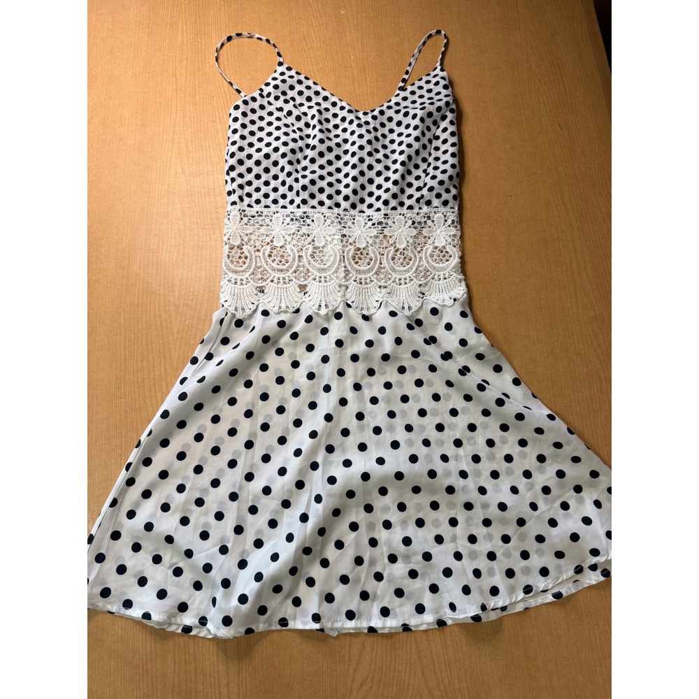 Ge Diao Polka Dot Mini Dress White Black Lace Waist Crochet Summer Sleeveless S